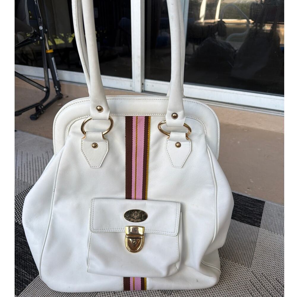 Christina Price White Leather Handbag Y2K Satchel Tote Stripe Preppy Clean Girl